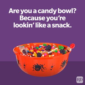 A bowl overflows with colorful candies, featuring spiders, set against a purple background. Text reads: 