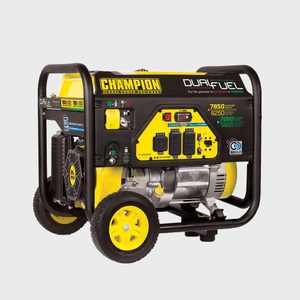 Generator standing idle, equipped with dual fuel capability, black and yellow accents, and various control switches. It's situated on a plain, white background.
