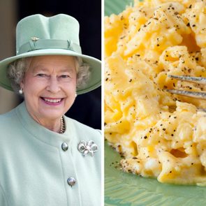 Woman smiling, wearing a green hat and coat, next to a close-up of scrambled eggs with black pepper on a plate.