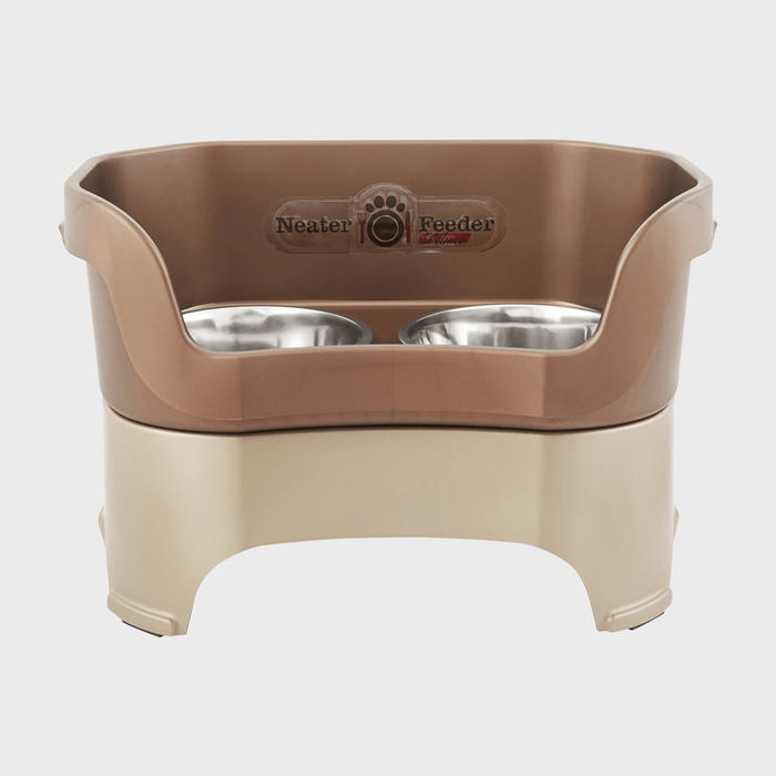 Brown elevated pet feeder with two stainless steel bowls, surrounded by a beige base, labeled 