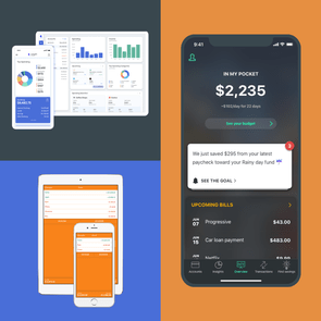 Digital devices display financial management apps showing graphs, spending summaries, and notifications against colorful backgrounds to illustrate budgeting and expense tracking features.