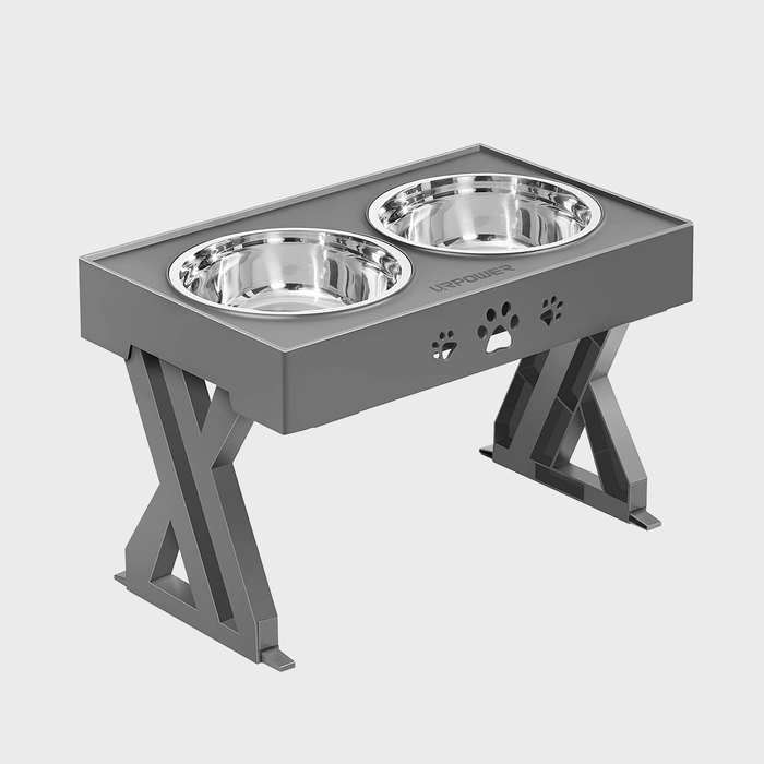 Elevated double pet bowl stand holds two stainless steel bowls; features paw cutouts and 