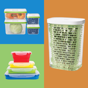 Storage containers, stacked and containing produce, are displayed on colored backgrounds: blue, green, orange.