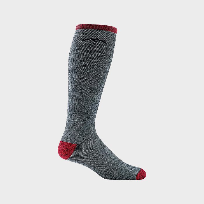 A knee-high gray sock with red toes and cuff, featuring a small black logo, on a plain white background.