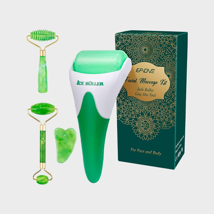 Green ice roller, jade roller, and gua sha displayed against ornate packaging. Text reads 