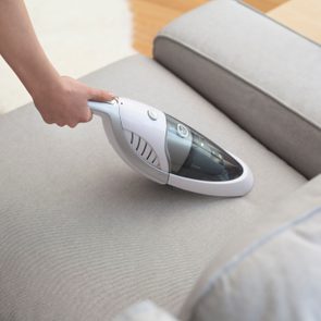 Handheld vacuum cleans grey sofa in a living room with a fluffy rug and a small potted plant nearby.