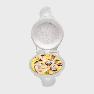 Container holds cooked omelet with mushrooms and herbs, open lid showing speckled interior, set against a plain background.