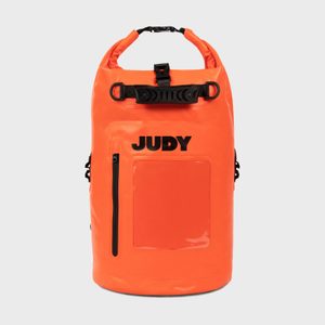Orange backpack stands upright, displaying a front pocket with 