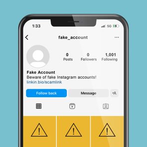 Smartphone displays Instagram profile warning about fake accounts, emphasizing zero posts and followers, large following count, and attention symbols below.