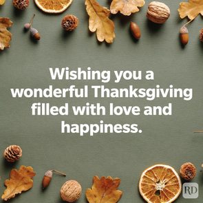 Text displays Thanksgiving wishes on a textured background surrounded by autumn leaves, dried orange slices, nuts, and pine cones.