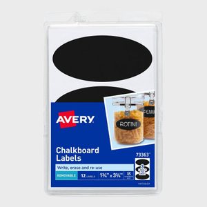 Black chalkboard labels are packaged; they are removable and reusable. Oval labels are shown applied to jars labeled 