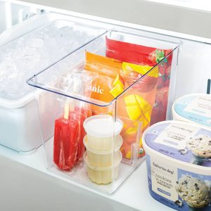 Clear container holds popsicles and food packages; positioned beside ice and tubs of ice cream in freezer.