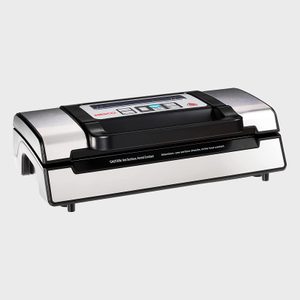 Vacuum sealer sits on a flat surface, featuring buttons and a display panel, suggesting food preservation; labeled 