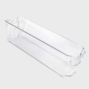 Clear rectangular storage bin sits empty on a plain background, showcasing its transparent design with slightly curved edges and integrated handles.