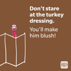 Turkey peeking from a screen, conveying shyness humorously; brown background. Text: 