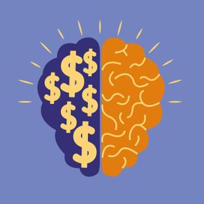A brain divided into two halves: one with dollar signs on a blue background, and the other with abstract patterns, highlighting creativity.
