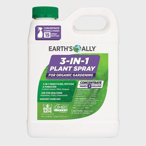 Container has Earthâ€™s Ally 3-in-1 Plant Spray label, emphasizes insecticide, miticide, fungicide use, and organic gardening. Concentrate formula makes three gallons.