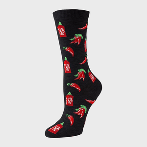 Sock featuring red hot sauce bottles and chili peppers, set against a plain light gray background.