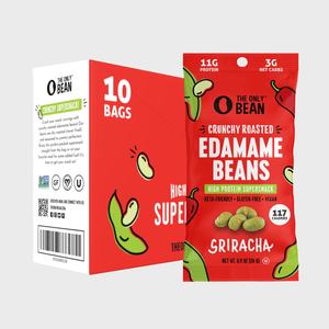 Package showcases crunchy roasted edamame beans emphasizing high protein, keto-friendly snack. Bright red design features bean illustrations, nutritional information, and 