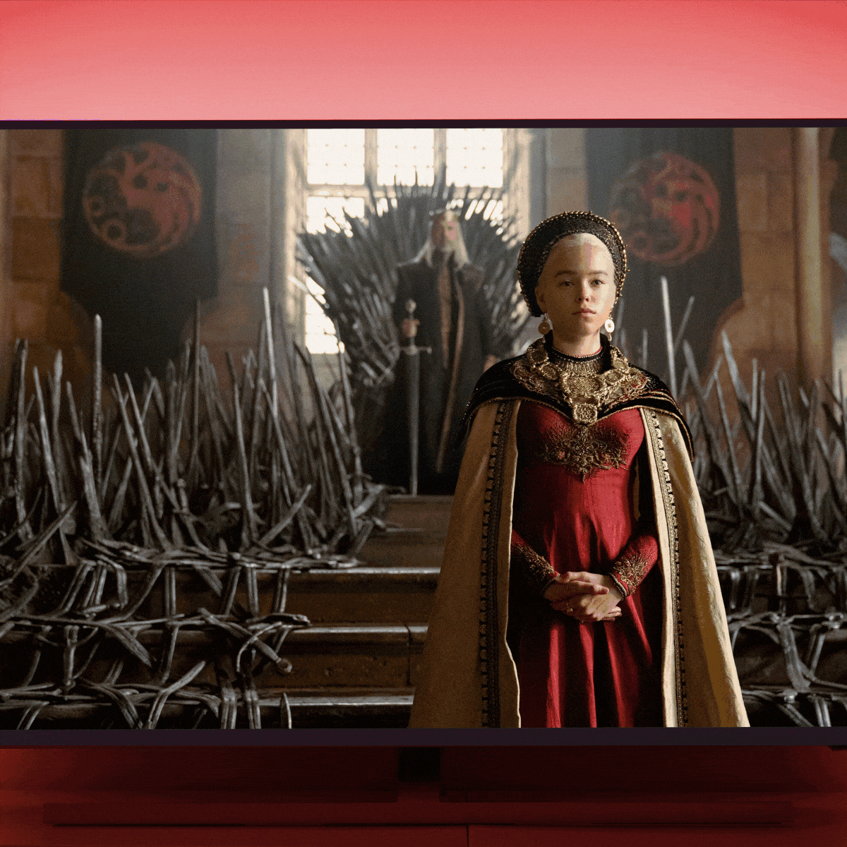 Person stands confidently; a ruler sits on a throne with swords surrounding, inside a grand, medieval hall with Targaryen banners.