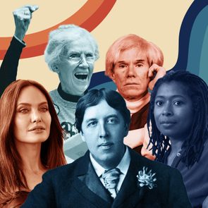 Five people are shown, each with distinct expressions and styles, set against a colorful background with abstract curves.