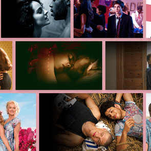 Collage of various couples in romantic settings; some embrace, others gaze at each other, and two women hold a bouquet under a clear sky.