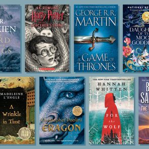 Book covers displayed include fantasy titles with illustrations, featuring Harry Potter, and various themes, such as dragons, swords, magic, and mythical elements.