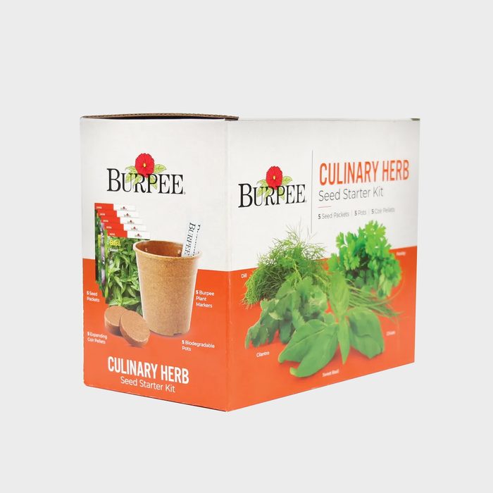 Box displays herb seed starter kit, featuring biodegradable pots and plant markers against a white background with images of various herbs.