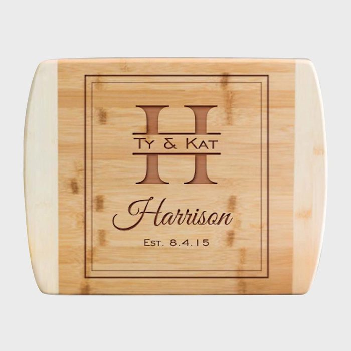 Cutting board displays engraved text 