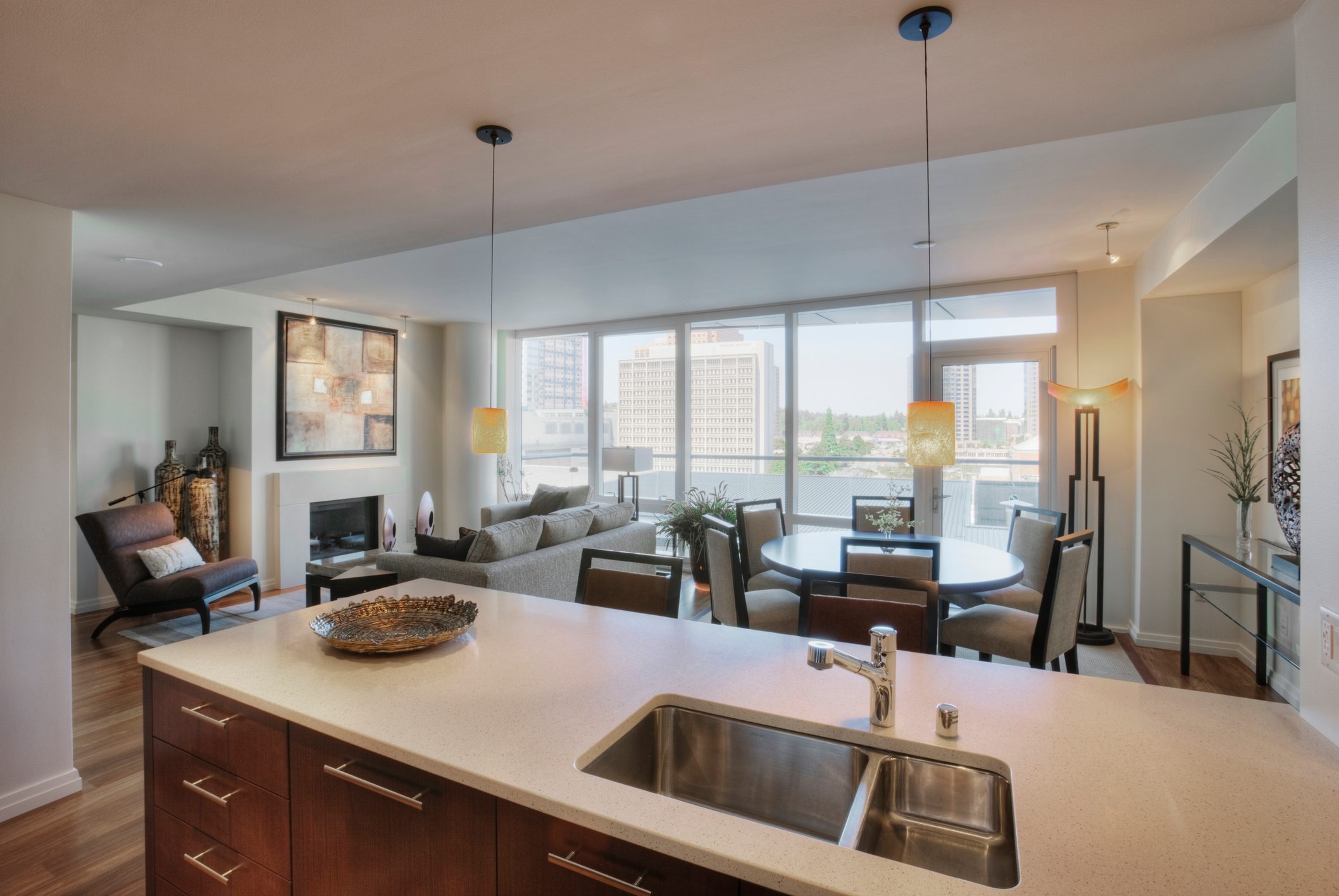 Open floor plan in luxury highrise apartment