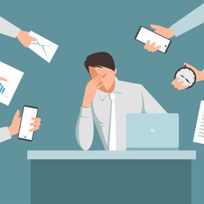 Man sits stressed, head in hand, surrounded by outstretched hands offering phone, paper, charts, documents, and stopwatch in an office setting.