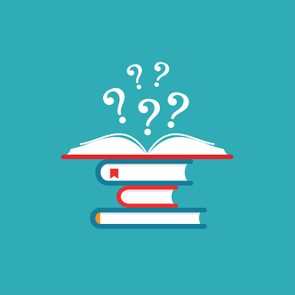 An open book emits question marks above, resting on a stack of closed books, set against a plain teal background.