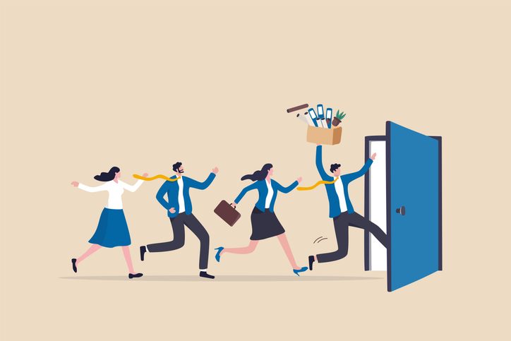 business people employee resign and walk through exit door.