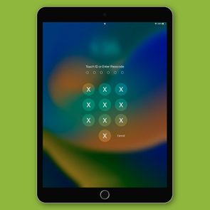 Tablet displays keypad for entering passcode; background shows colorful abstract design with text 