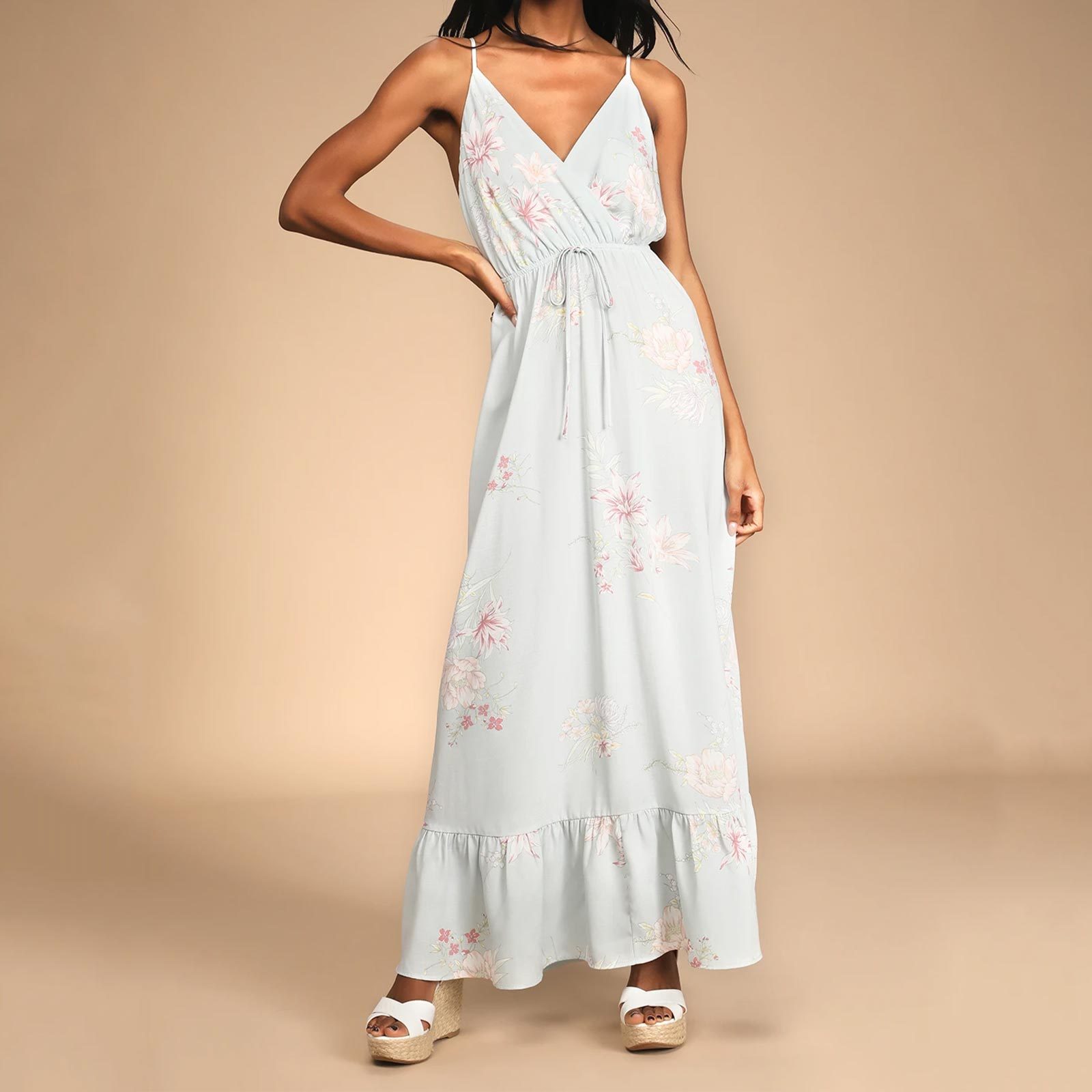  Endless Vacay Sage Blue Floral Print Surplice Maxi Dress 
