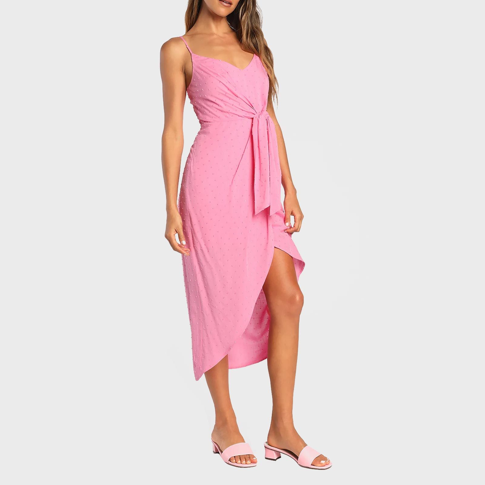 Made To Be Memorable Pink Swiss Dot Tie Front Tulip Midi Dress