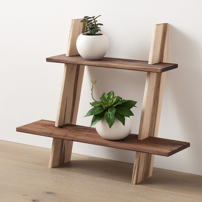 Wooden shelves hold potted plants, leaning against a light-colored wall and resting on a wooden floor.