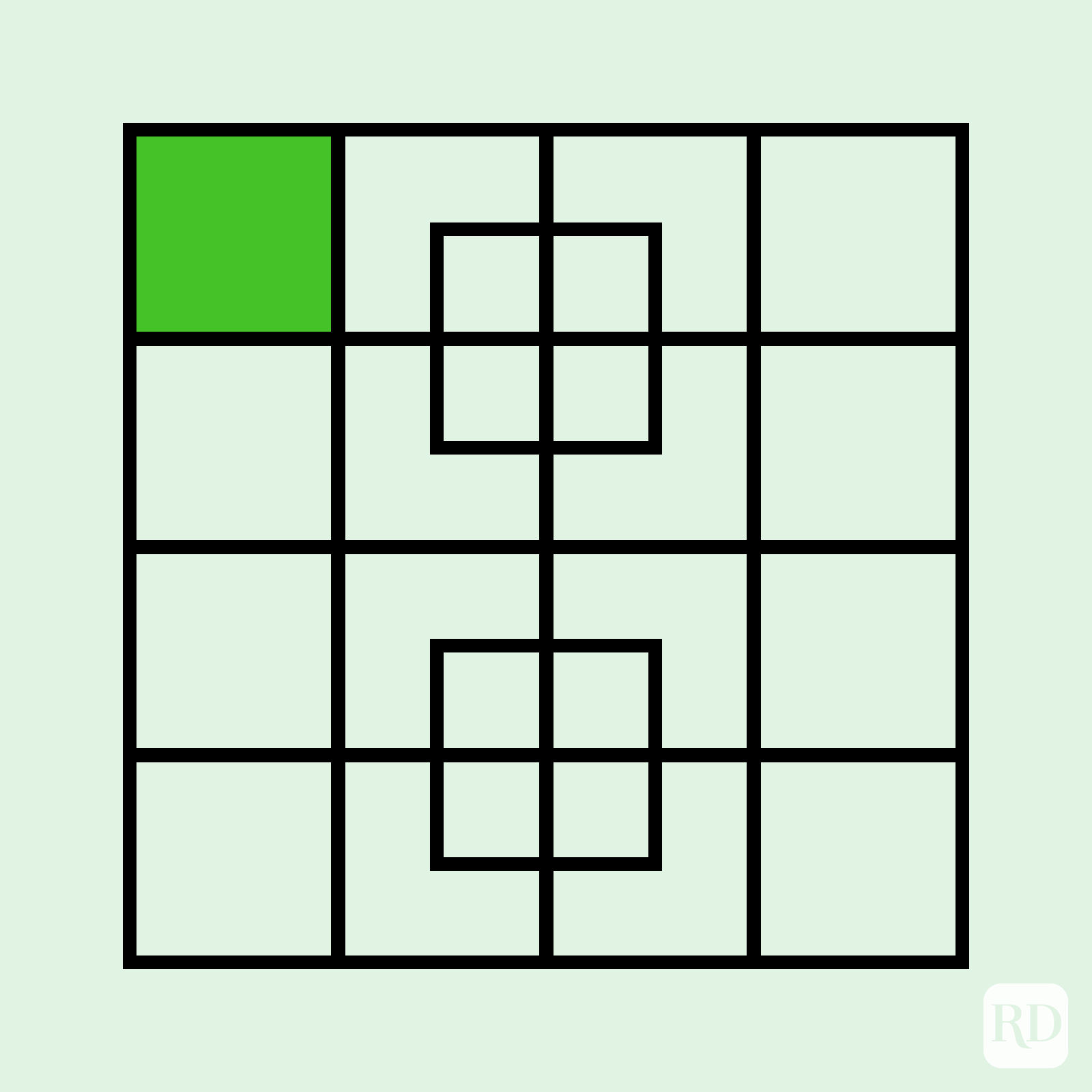 Grid with two squares inside; top-left square is filled green, set against a light background.