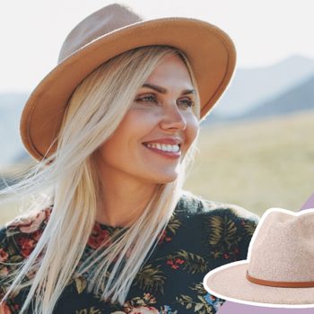 Woman wearing a wide-brimmed hat smiling outdoors, with mountains in the background; inset shows a close-up of the hat.