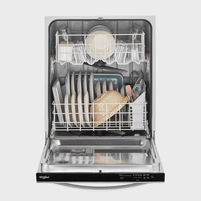 Dishwasher filled with assorted dishes and utensils, neatly arranged on racks; set in a clean kitchen environment.