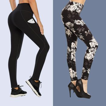 Leggings displayed; one solid black with a pocket, the other floral-patterned; models stand on a light background wearing sneakers and high heels.