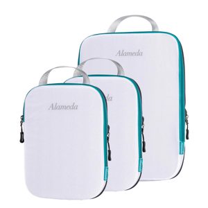Three nested white travel bags with blue zippers and gray handles, labeled 