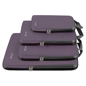 Four purple, zippered bags are stacked vertically, each with a handle. The word 