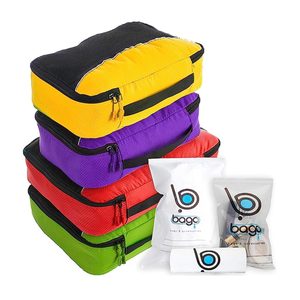 Colorful packing cubes stacked; assorted plastic bags labeled 