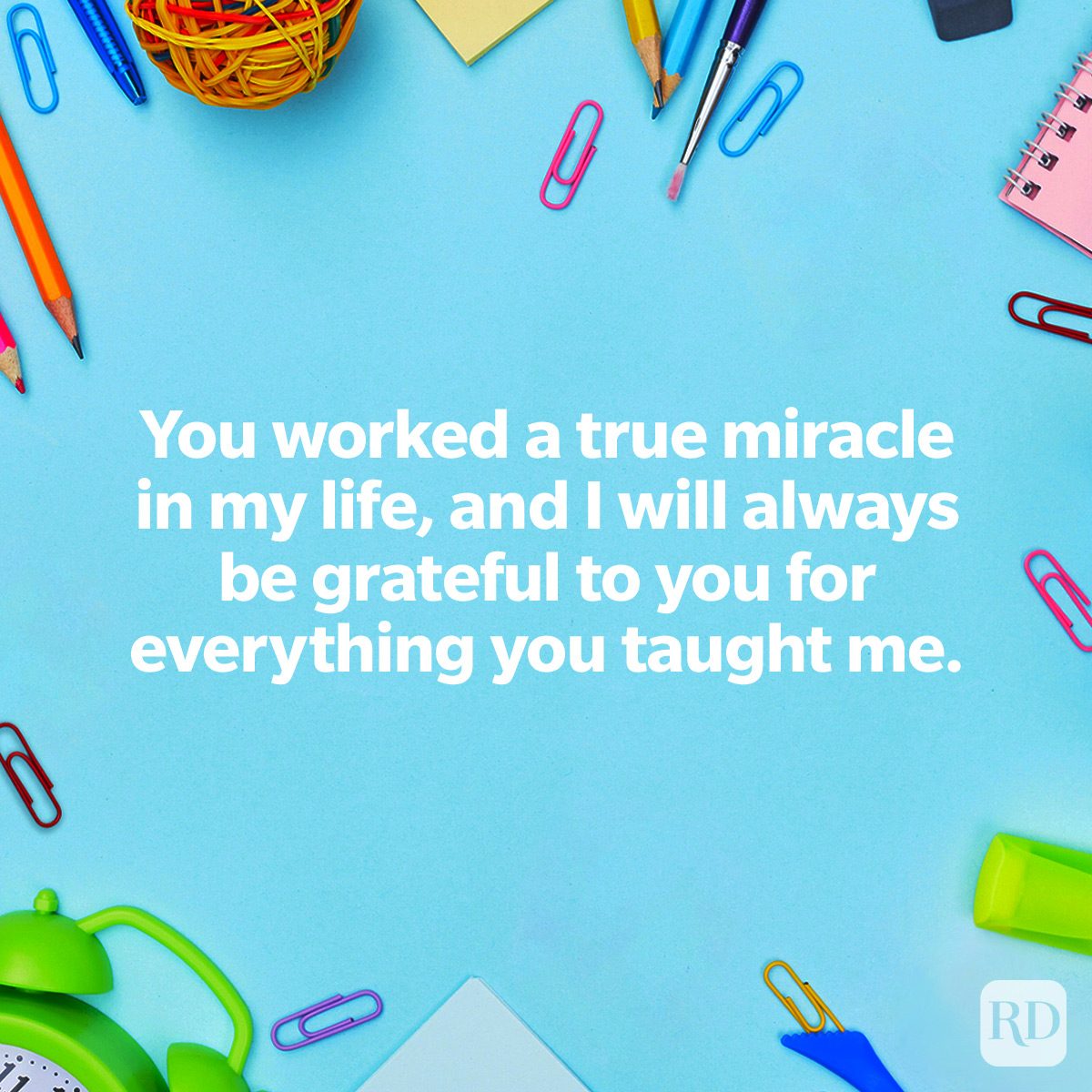 Best Things To Write In A Thank You Note To A Teacher on school supplied flat lay top view background blue