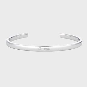 Silver bracelet displays engraved name 