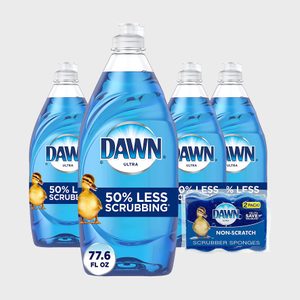 Four blue Dawn Ultra bottles containing dish soap stand next to a package of non-scratch scrubber sponges, on a plain background.