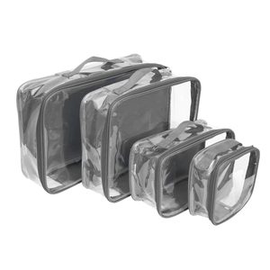 Four transparent bags with grey zippers and handles, arranged in descending size, placed against a plain white background.