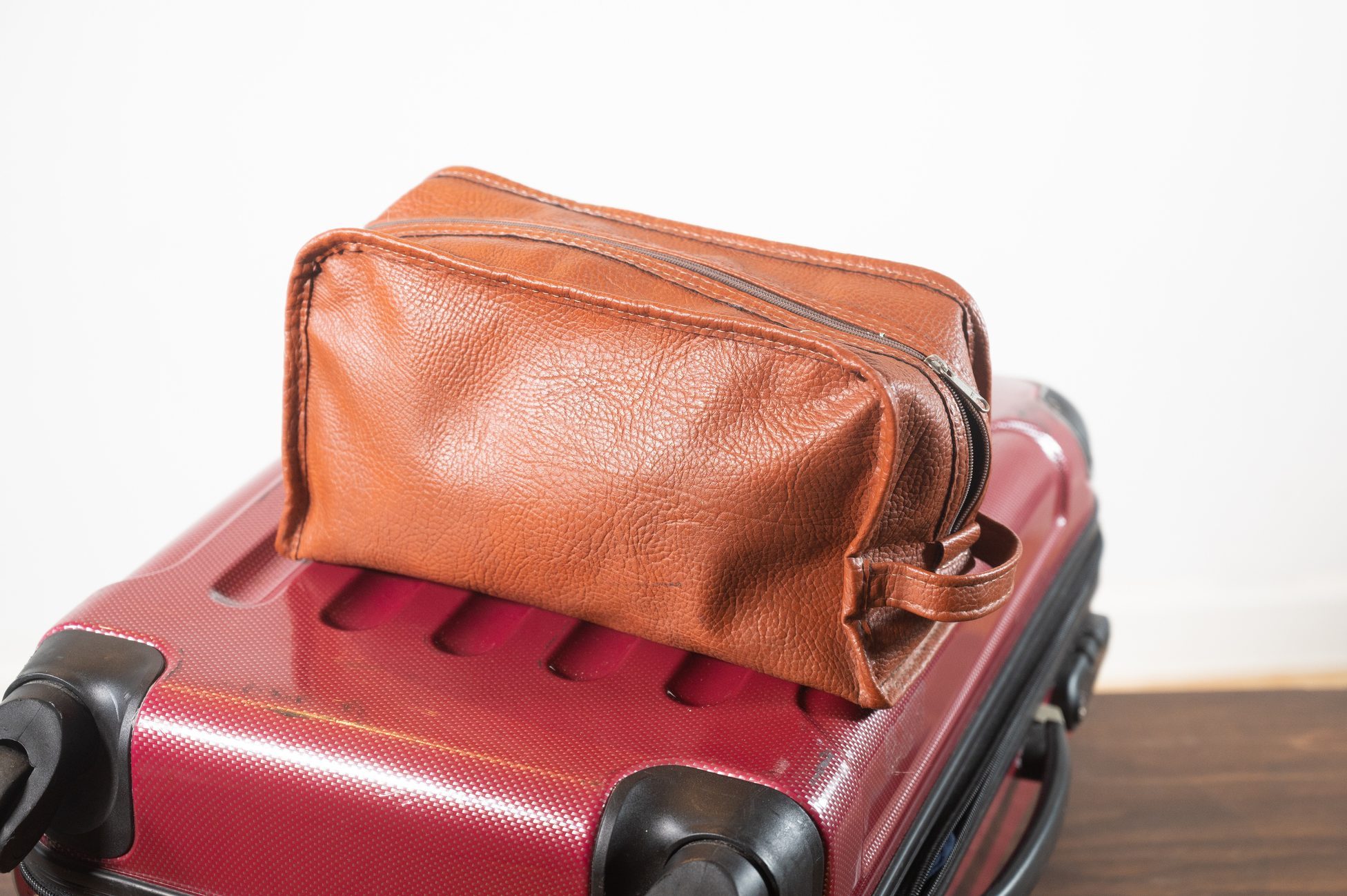 Toilet bag on a suitcase before going on vacation.