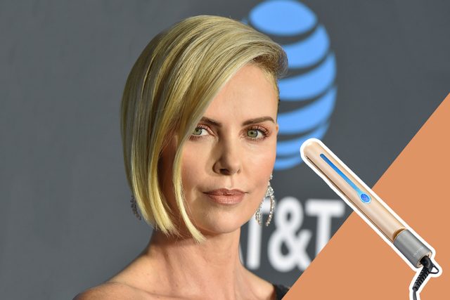 Person gazes forward, featuring short blonde hair and earrings, against a backdrop with blue logo. Nearby, a golden hair styling tool is angled.